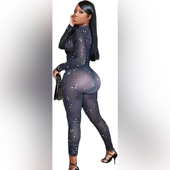 Recious One Blue Jumpsuit Long Sleeve V Neck Zipper Printed Mesh Size M - Picture 2 of 10